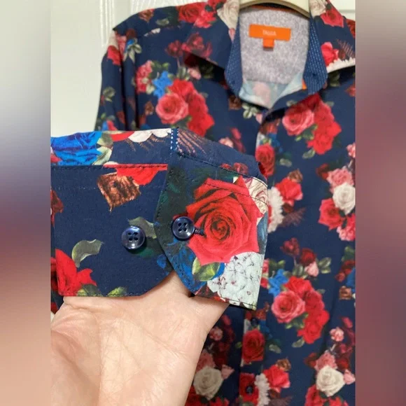 Tallia Navy Floral Button Down Long Sleeve Shirt - Picture 5 of 7